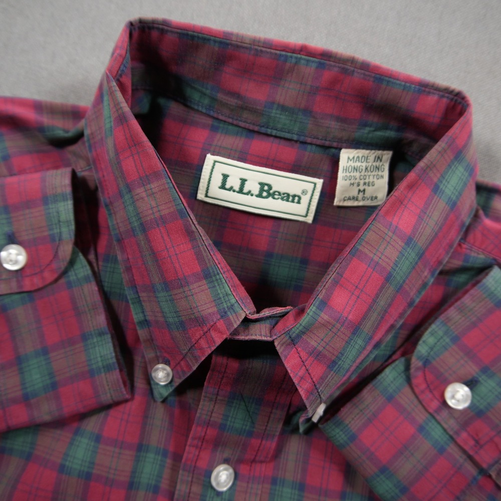Vintage L.L. Bean Plaid Tartan Check Button Sleeve Men Shirt M Cabin Prep Moto
